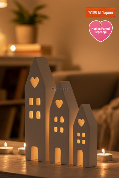 Arteliss Nordic Minimal Beyaz Işık Evleri Seti 3'lü - Kalp Detaylı Fener Muml...