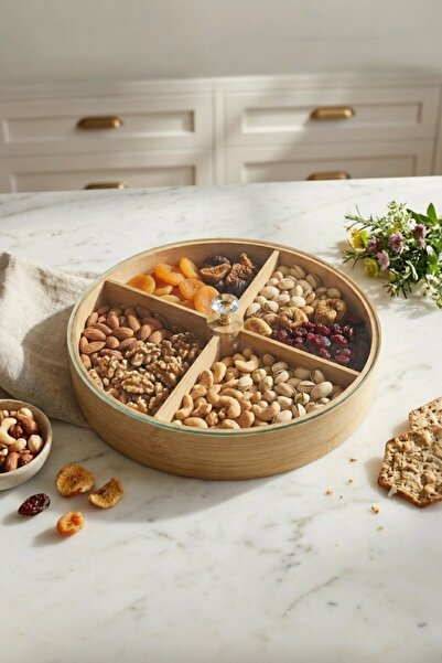 LAURUS HOME Bambu Yuvarlak Çerezlik 4 Bölmeli Kapaklı