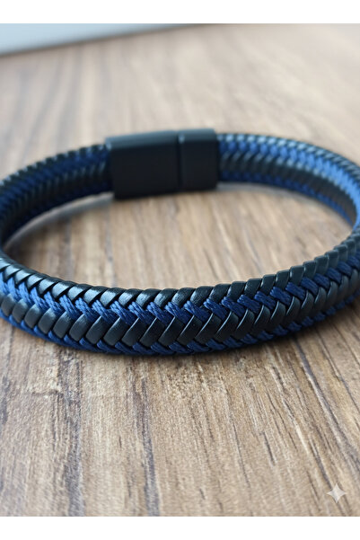 REGGENTE Lacivert Ip Örgülü Siyah Deri Bileklik