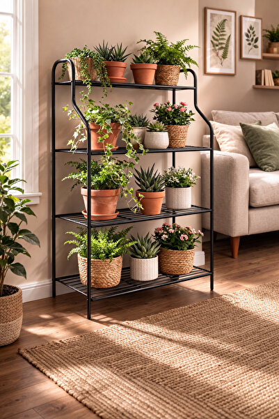 ARVİONHOME Modern Siyah 4 Katlı Metal Çiçeklik Standı: Çok Amaçlı Mutfak,Kita...