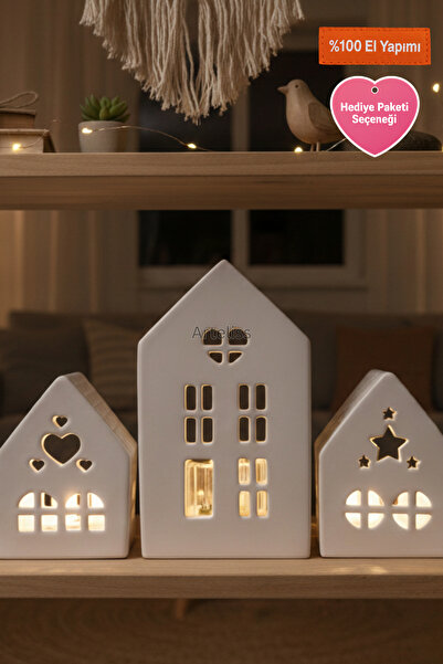 Arteliss 3'lü Ev Dekoratif Beyaz Ev Obje Mumluk Şamdan Kalp Yıldız Pencereli ...