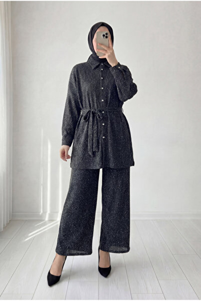 BENAHOLL Σετ παντελονιού Aysun İnci με πέτρες και βελονάκια - EK547 Ανθρακί