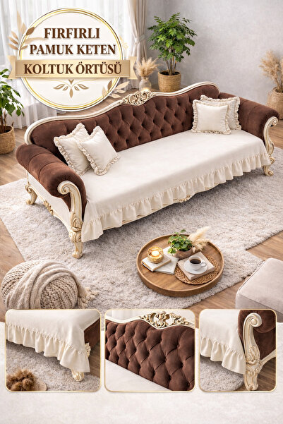 ÇIQRIK HOME Pamuk Keten Fırfırlı Koltuk Örtüsü Kaymaz, Yıkanabilir, Modern Şı...