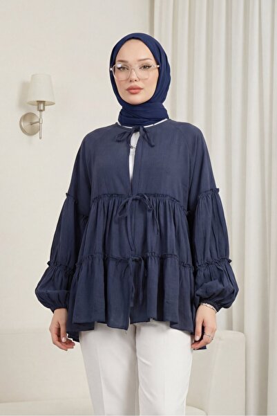 Modamorfo Layered Modal Shirt with Elastic Sleeves and Tie Front - Navy