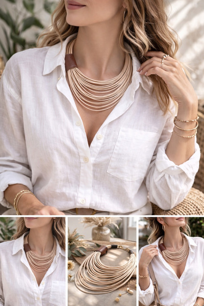 Kutcha Accessories Deri Detaylı Çoklu Tasarım Dekolte Kolye