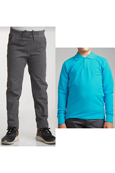 Nacar Unisex dečije rebraste lanene sive školske pantalone + polo majica sa d...