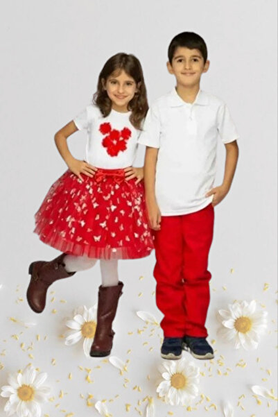 Nacar Kız Erkek Çocuk 23 Nisan Okul Gösteri Kıyafeti Pantolon Etek Tshirt Tak...