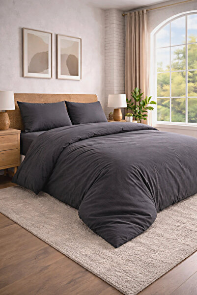 HOMENUP طقم غطاء لحاف مزدوج بلون موحد مع ملاءة مطاطية مقاس 150×200، لون أنثراسيت