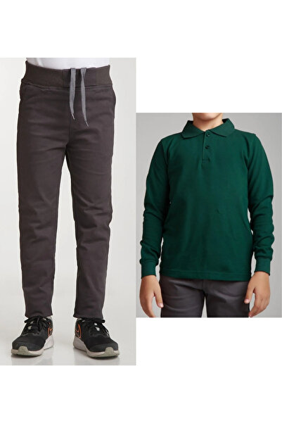 Nacar Unisex dečije rebraste pantalone sa dimljenim strukom Lan + polo ovratn...