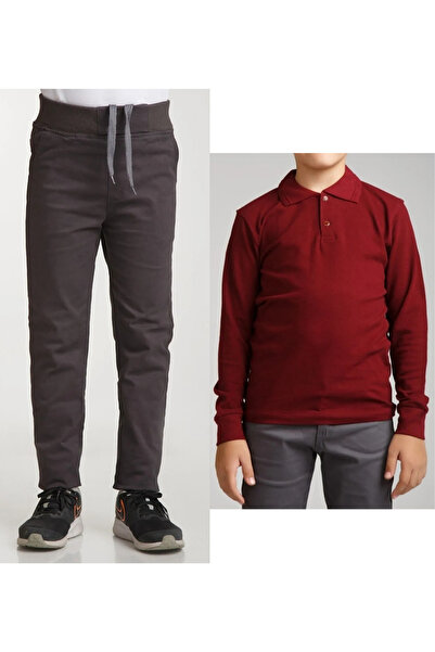 Nacar Unisex dečije rebraste pantalone sa dimljenim strukom Lan + polo ovratn...