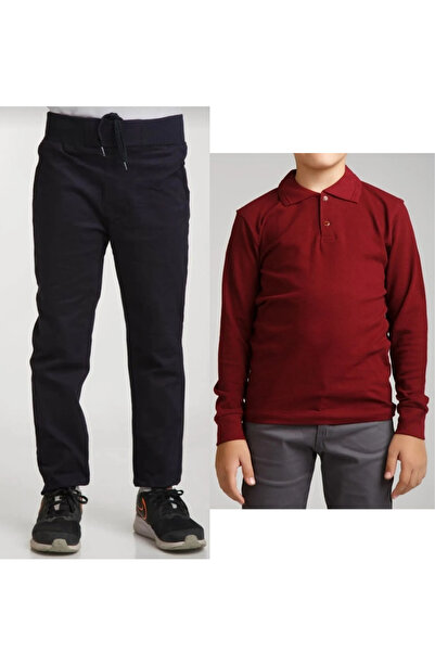 Nacar Unisex Çocuk Ribana Bel Keten Siyah Okul Pantolonu + Polo Yaka Uzun Kol...
