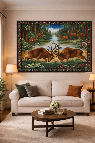 Vendini Vintage Serisi Geyiklerin Mücadelesi Duvar Halısı Duvar Örtüsü Wall T...