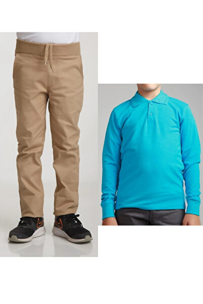 Nacar Unisex Çocuk Ribana Bel Keten Bej Okul Pantolonu + Polo Yaka Uzun Kol T...