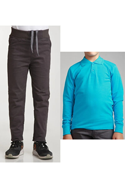 Nacar Unisex dečije rebraste pantalone sa dimljenim strukom Lan + polo ovratn...