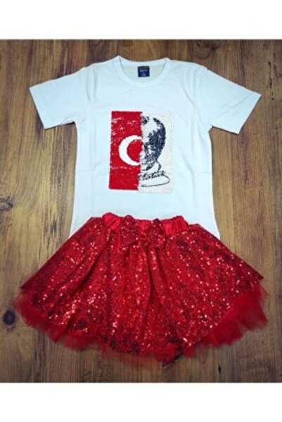 Nacar 23 Nisan Kız Çocuk Kırmızı Etek Atatürk Baskılı Gösteri Takım 2li 0-24