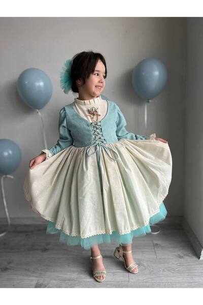 Sare Çocuk Giyim Κοριτσίστικο Premium Deluxe Water Green φόρεμα Cosplay με λε...