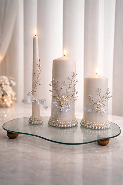 VİVA İnci Detaylı Dekoratif Premium Mum Seti – 3’lü,Şamdan ve Silindir Mum