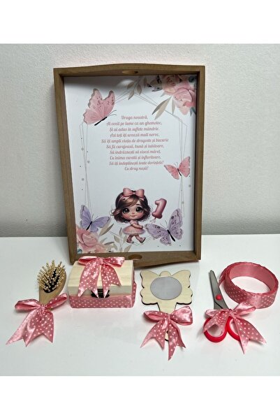 Botez Set tavita pentru taiere mot – model fetita – pudra, 6 piese