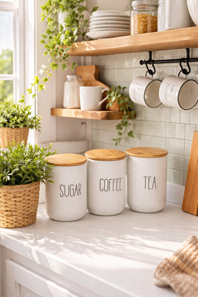 BUCOLIC طقم برطمان زجاجي بغطاء من الخيزران مكون من 3 قطع للشاي/السكر/القهوة