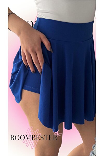 BoomBester Fusta de dama plisata albastra - Tesatura nisipoasa, pantaloni scu...