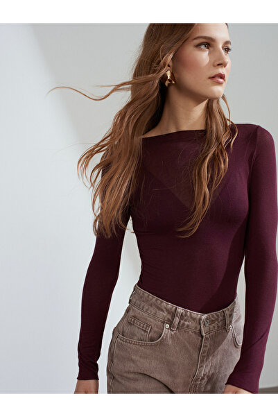 Dilvin 32122 Bluză ultra-ușoară din cașmir modal cu decolteu bărcuță - Prune