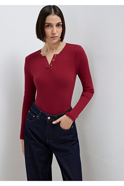 Mavi Uzun Kollu Düğme Detaylı Kırmızı Tişört Slim Fit / Dar Kesim 1613756-70431