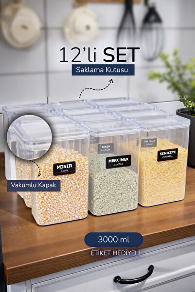 naturelove 12'Lİ Vakumlu Kapaklı ERZAK Saklama Kavanozu Kabı ve Kutusu 3 Litr...