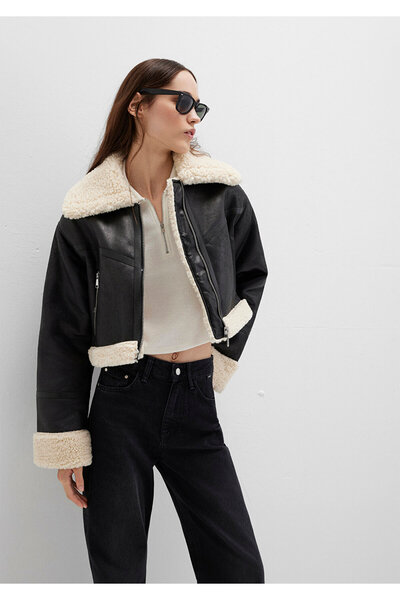 Mavi Faux Fur Detailed Black Faux Leather Jacket Regular Fit / Regular Cut 11...