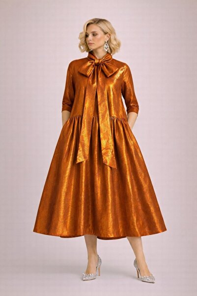 ALYEL NAKER A-Line Ruffled Midi Taffeta Dress with Belted Neck Detail