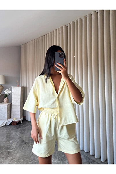 mydukkan.co Σετ Σορτς από Λινό Πουκάμισο - Κίτρινο