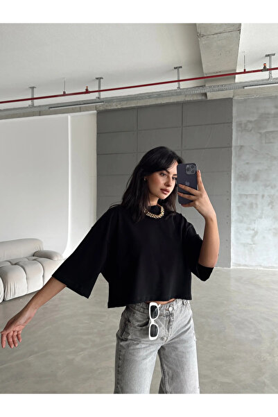 mydukkan.co Crop top basic supradimensionat - Negru