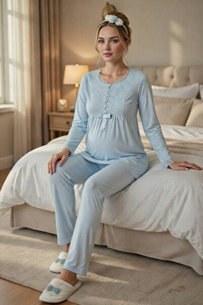big mama طقم بيجامة للحوامل من الدانتيل الأزرق مع ثوب نوم أنيق