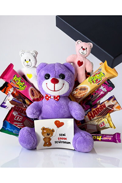 lenostra Seni Seviyorum Temalı Mor Ayıcıklı Ve Bol Çikolatalı Hediye Kutusu S...