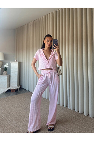 mydukkan.co Short Sleeve Shirt Pants Seersucker Set - Pink