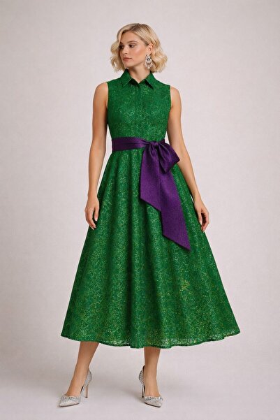 ALYEL NAKER Seyyar Kuşaklı & Kolsuz Midi Boy Dantel Gömlek Elbise