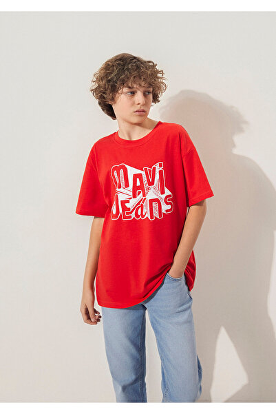 Mavi Jeans bedrucktes rotes T-Shirt mit lockerer Passform / lockerer, entspan...