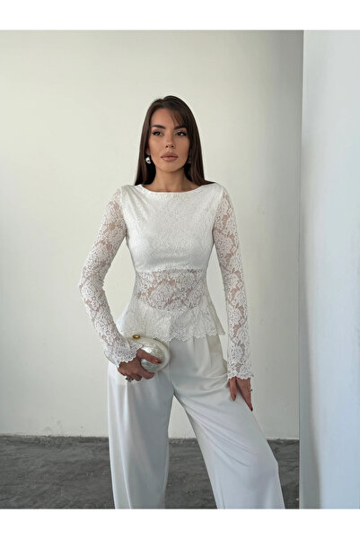 mydukkan.co Arkası Bağlamalı Dantel Bluz - Ekru