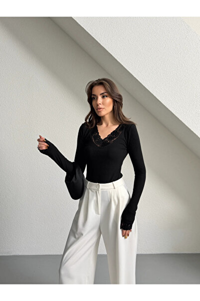 mydukkan.co بلوزة دانتيل بياقة وأكمام - أسود