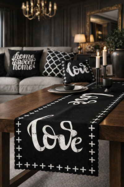 SasoHome Siyah Zemin Üzerine Love Desenli Kaliteli Kadife Kumaş 45x140 Cm Dek...