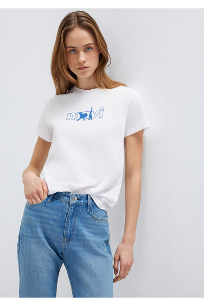 Mavi Λογότυπο Cat με τύπωμα Λευκό μπλουζάκι Regular Fit / Normal Cut 1611478-620