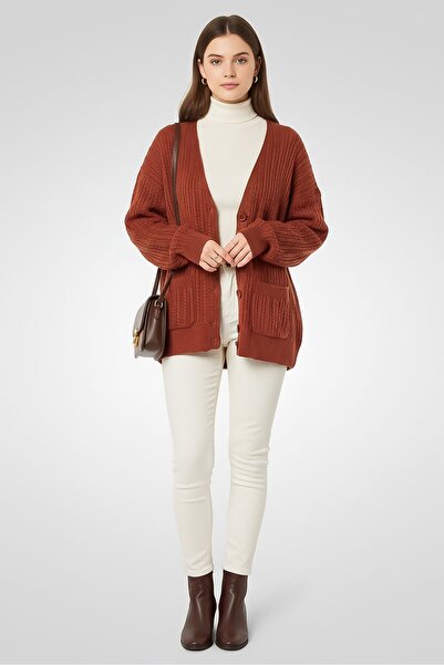 Lacoste Women V-Neck Knitted Sweater, Brown