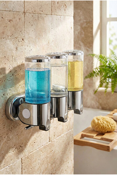 ŞekerHome 3’lü Duvara Yapışan Paslanmaz Çelik Şeffaf Şampuanlık ve Sabunluk Seti