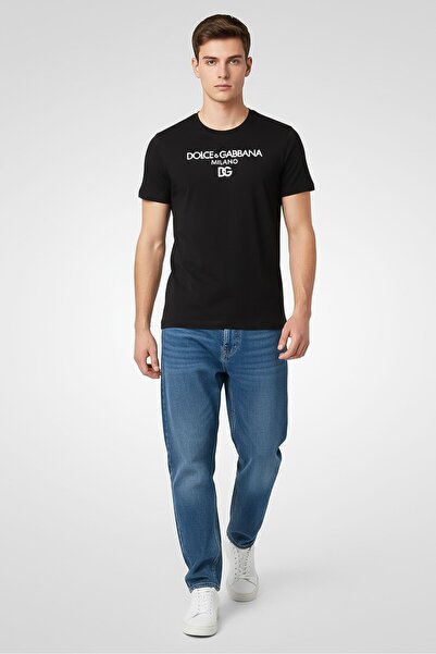 Dolce&Gabbana Men Crew Neck Short Sleeve Embroidered Logo T-Shirt, Black