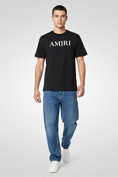 Amiri تي شيرت رجالي بشعار العلامة التجارية بأكمام قصيرة ورقبة دائرية، أسود