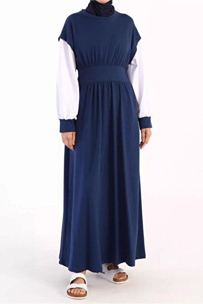 TRENDTESETTÜR KADIN LACİVERT (İNDİGO) BELİ LASTİKLİ İKİ RENKLİ ELBİSE 42006