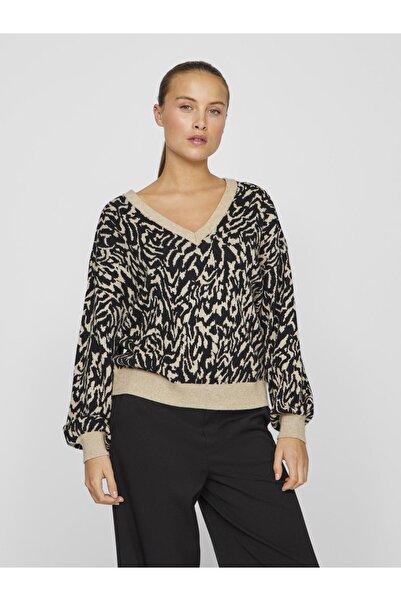 VILA Strickpullover V-Ausschnitt Jakarlı