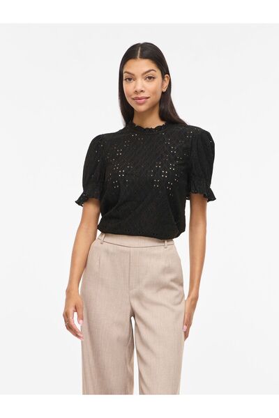 VILA Oberteil mit kurzen Ärmeln Stickerei