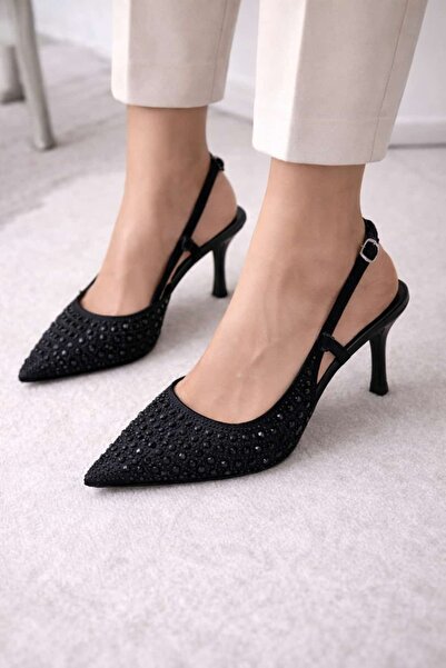 BİR-SEN SHOES oria siyah taşlı abiye topuklu stiletto 7.5 cm
