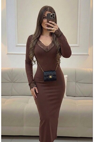 TLG GİYİM Kadın V Yaka Dantel Detaylı Uzun Şık Kalem Elbise