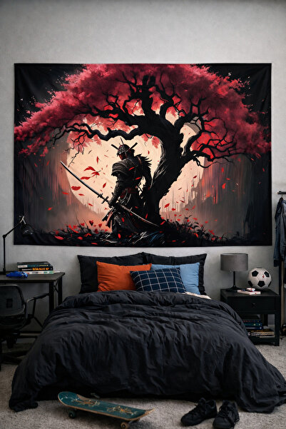 Vendini Kırmızı Akça Ağaç Ve Samurai Duvar Örtüsü Duvar Halısı Wall Tapestry
